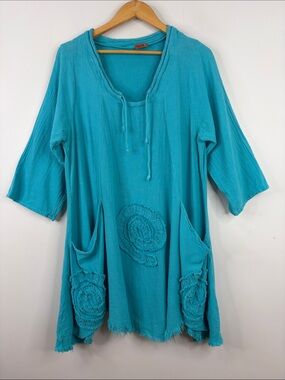 Oh My Gauze Top Womens XL XXL Blue Aqua Cotton Tunic Blouse Pockets Beach Boho